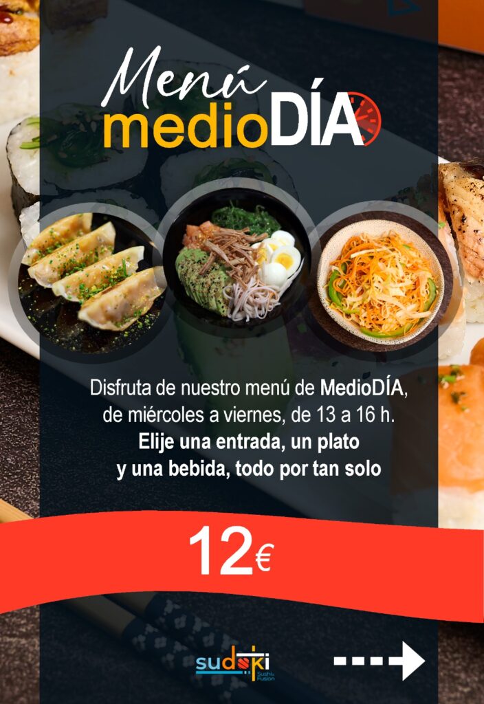 menú de mediodía sudoki sushi, plato con tallarines, comida japonesa